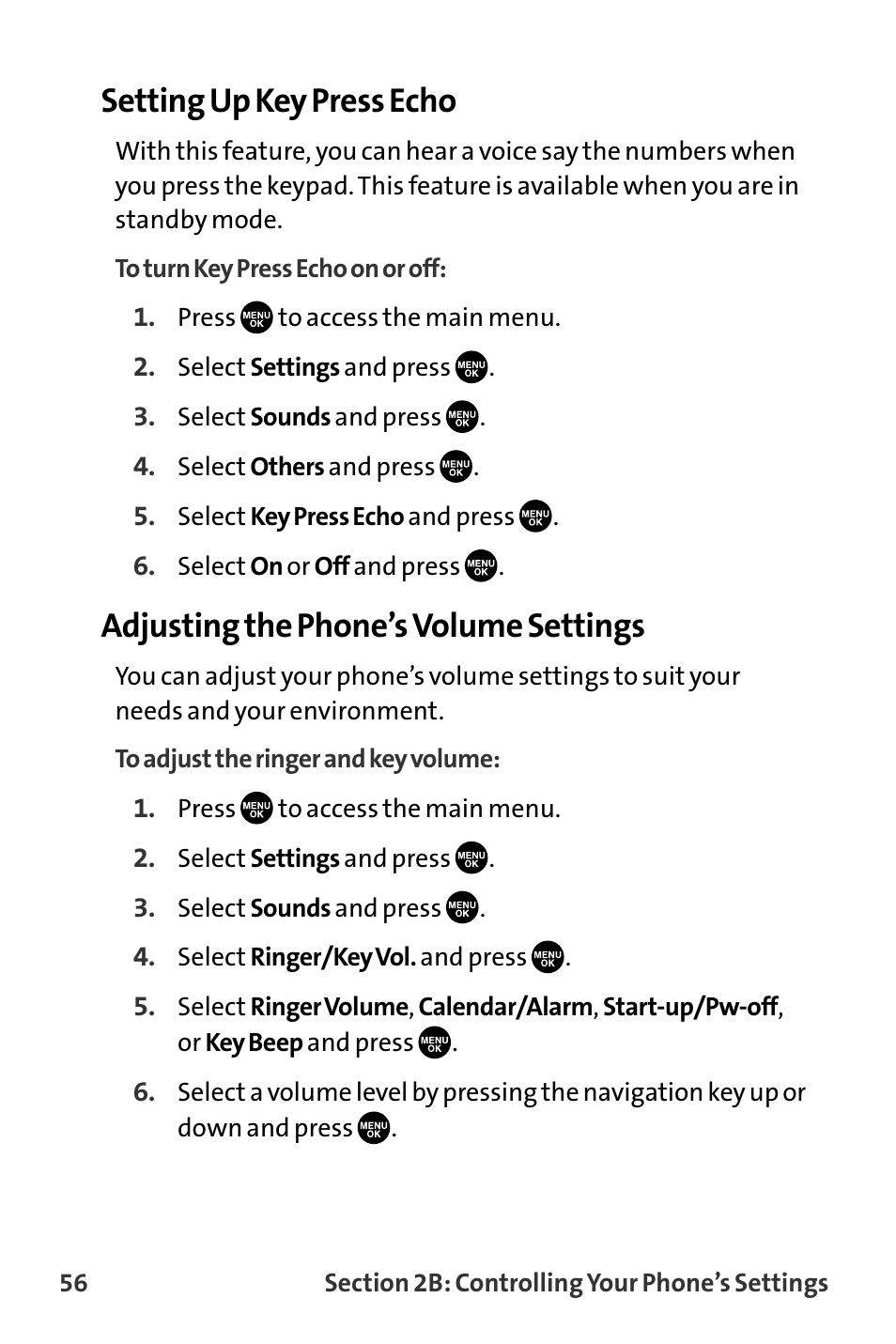 Setting up key press echo, Adjusting the phone’s volume settings | Sanyo VL-2300 User Manual | Page 68 / 286
