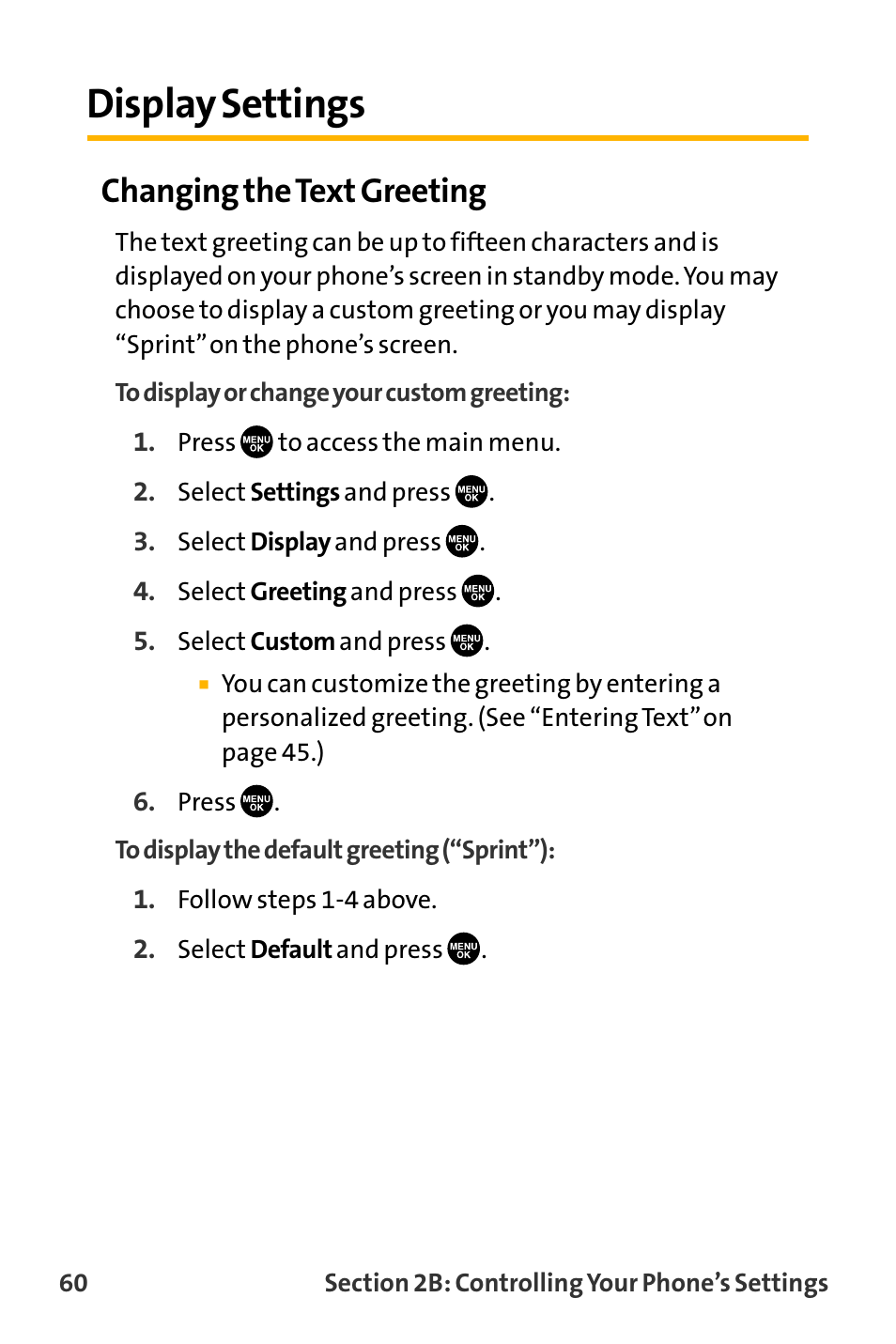 Display settings, Changing the text greeting | Sanyo VL-2300 User Manual | Page 72 / 286