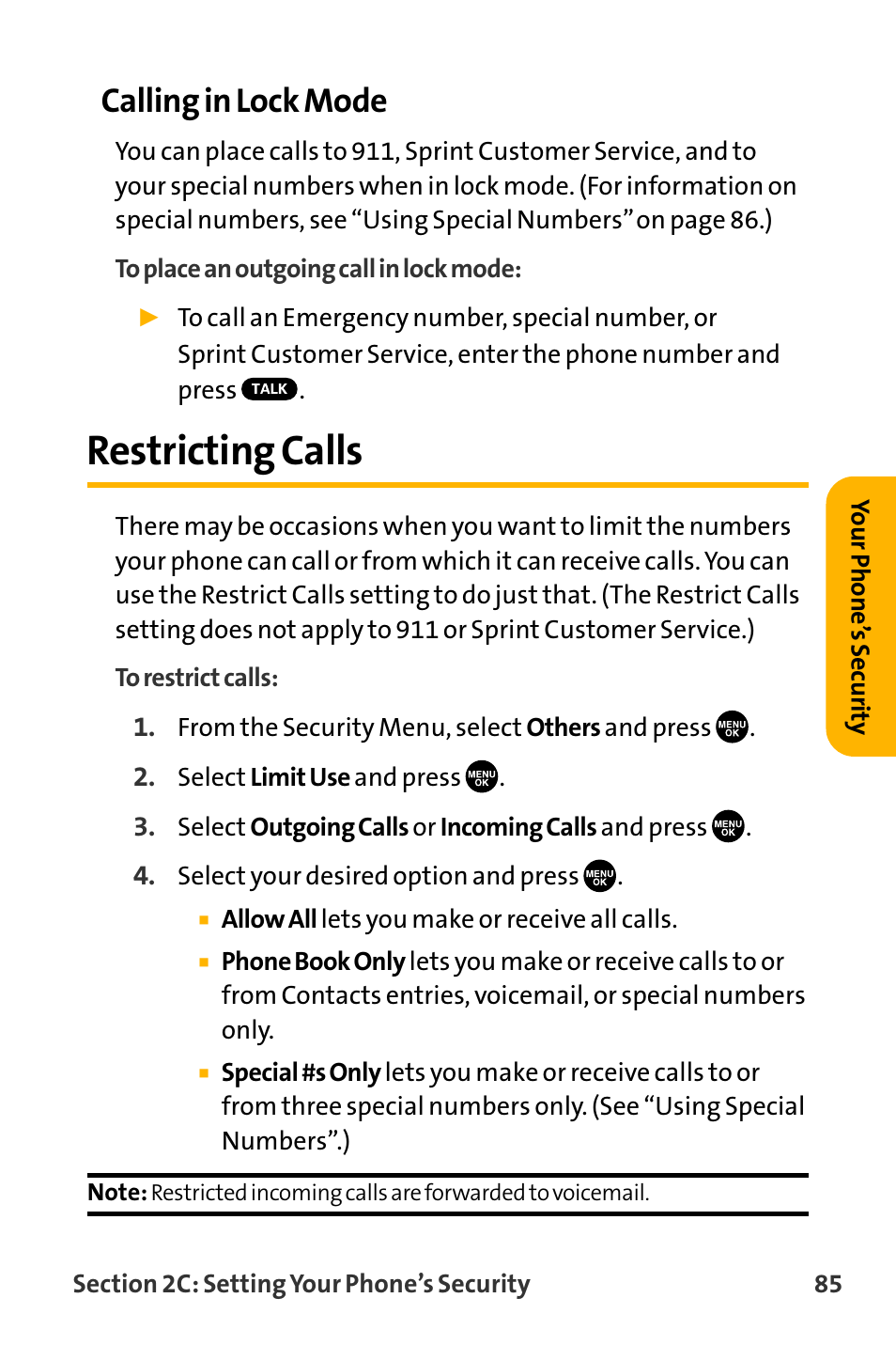 Restricting calls, Calling in lock mode | Sanyo VL-2300 User Manual | Page 97 / 286