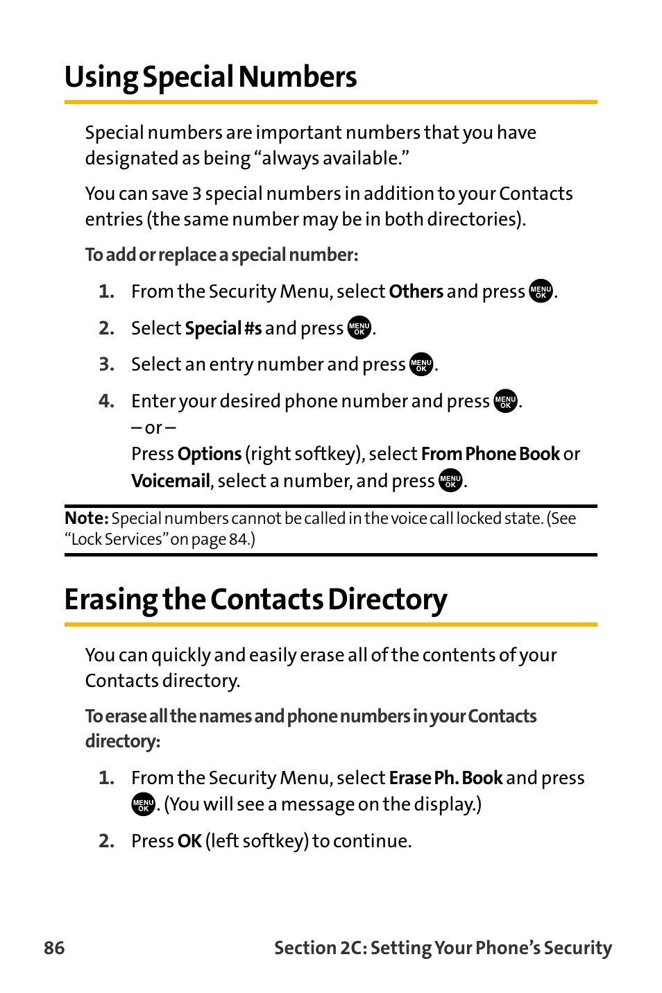 Using special numbers, Erasing the contacts directory | Sanyo VL-2300 User Manual | Page 98 / 286