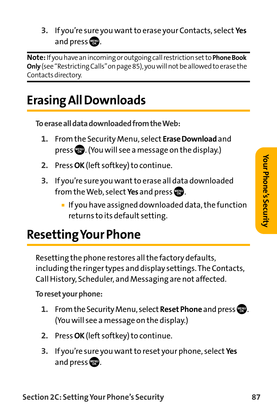 Erasing all downloads, Resetting your phone, Resettingyour phone | Sanyo VL-2300 User Manual | Page 99 / 286