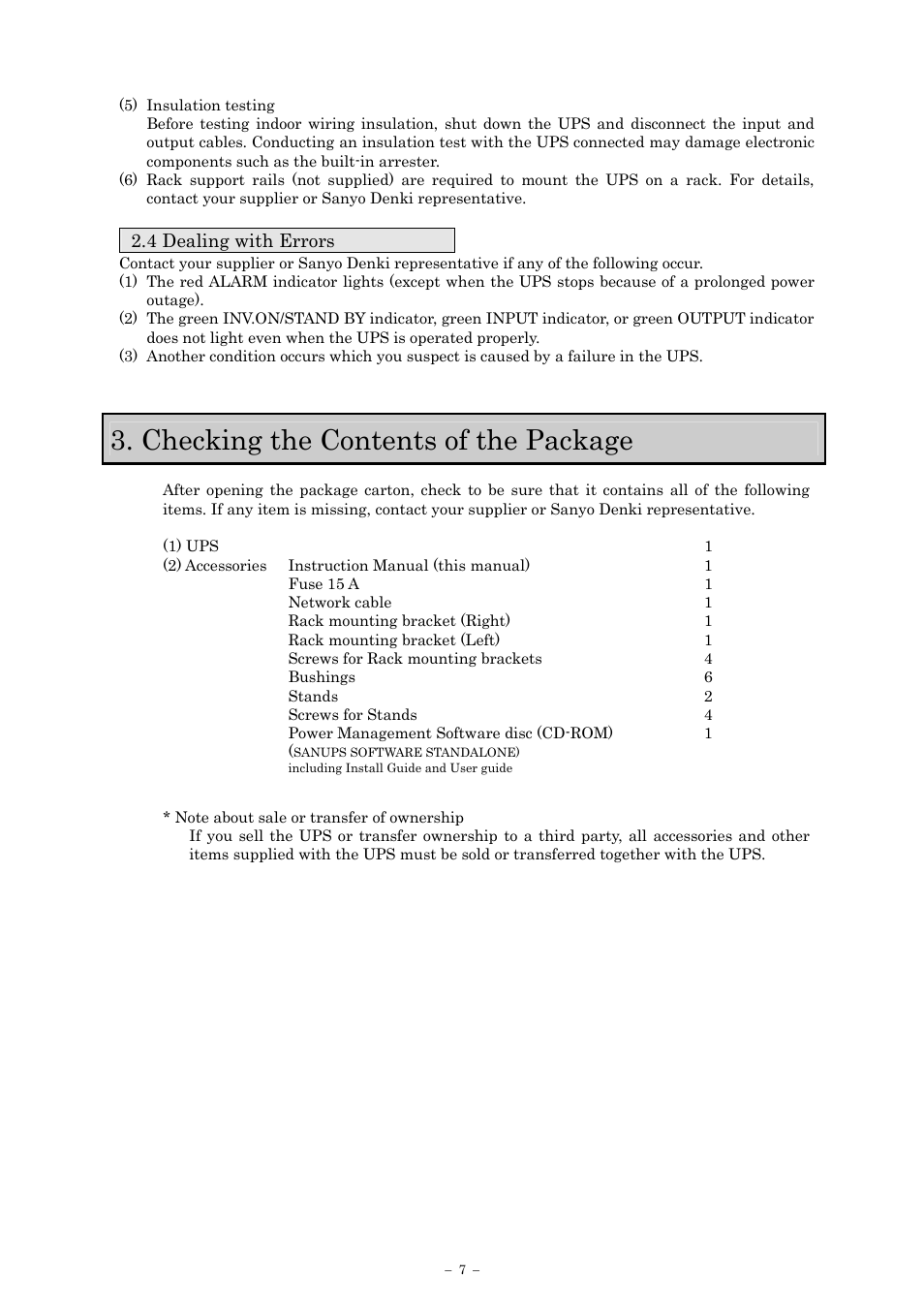 Checking the contents of the package, 4 dealing with errors | Sanyo SANUPS E11A102A User Manual | Page 10 / 46