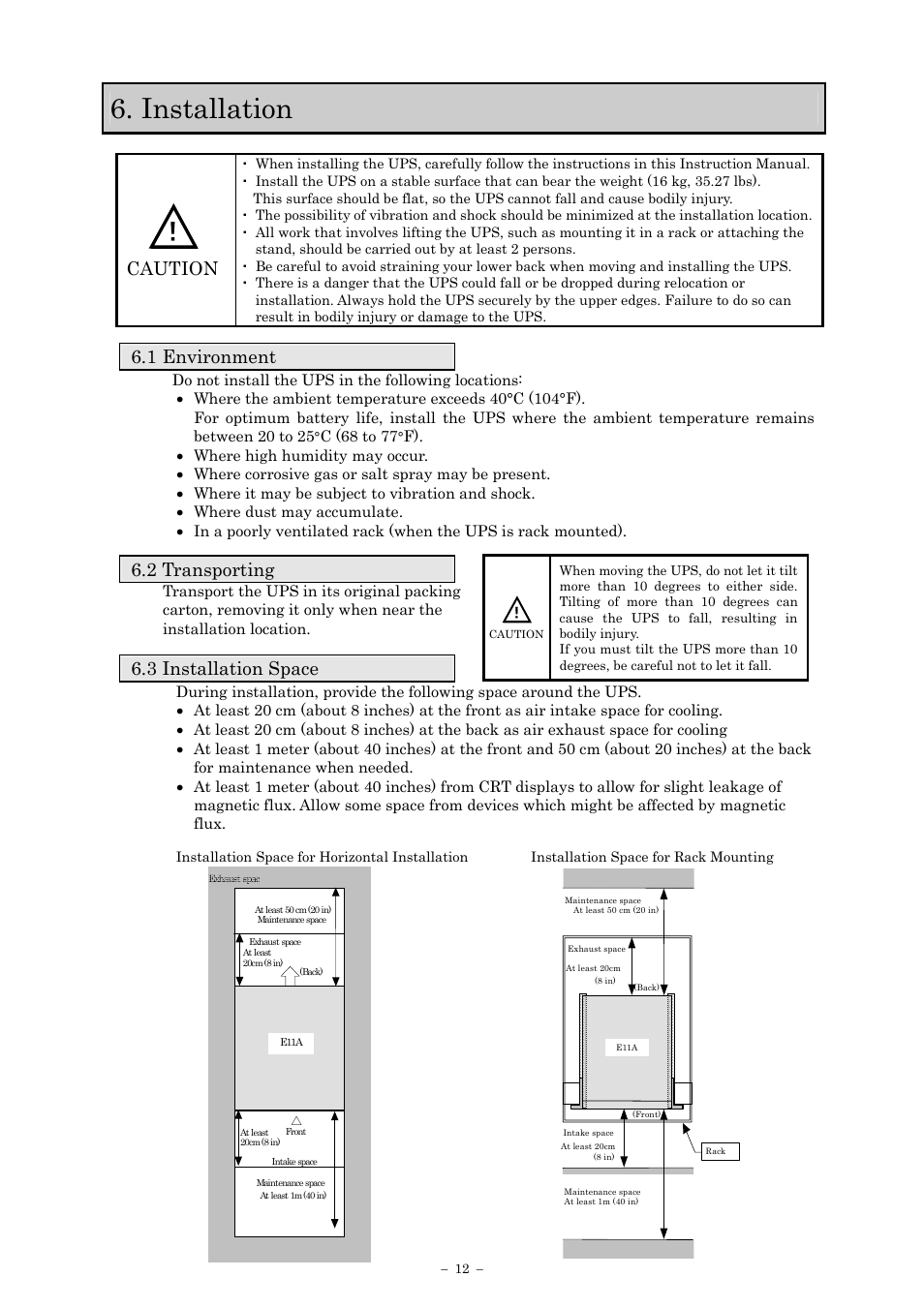 Installation, Caution, 1 environment | 2 transporting, 3 installation space | Sanyo SANUPS E11A102A User Manual | Page 15 / 46