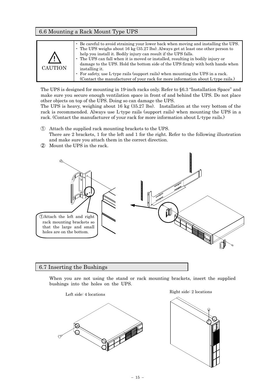 6 mounting a rack mount type ups, 7 inserting the bushings | Sanyo SANUPS E11A102A User Manual | Page 18 / 46