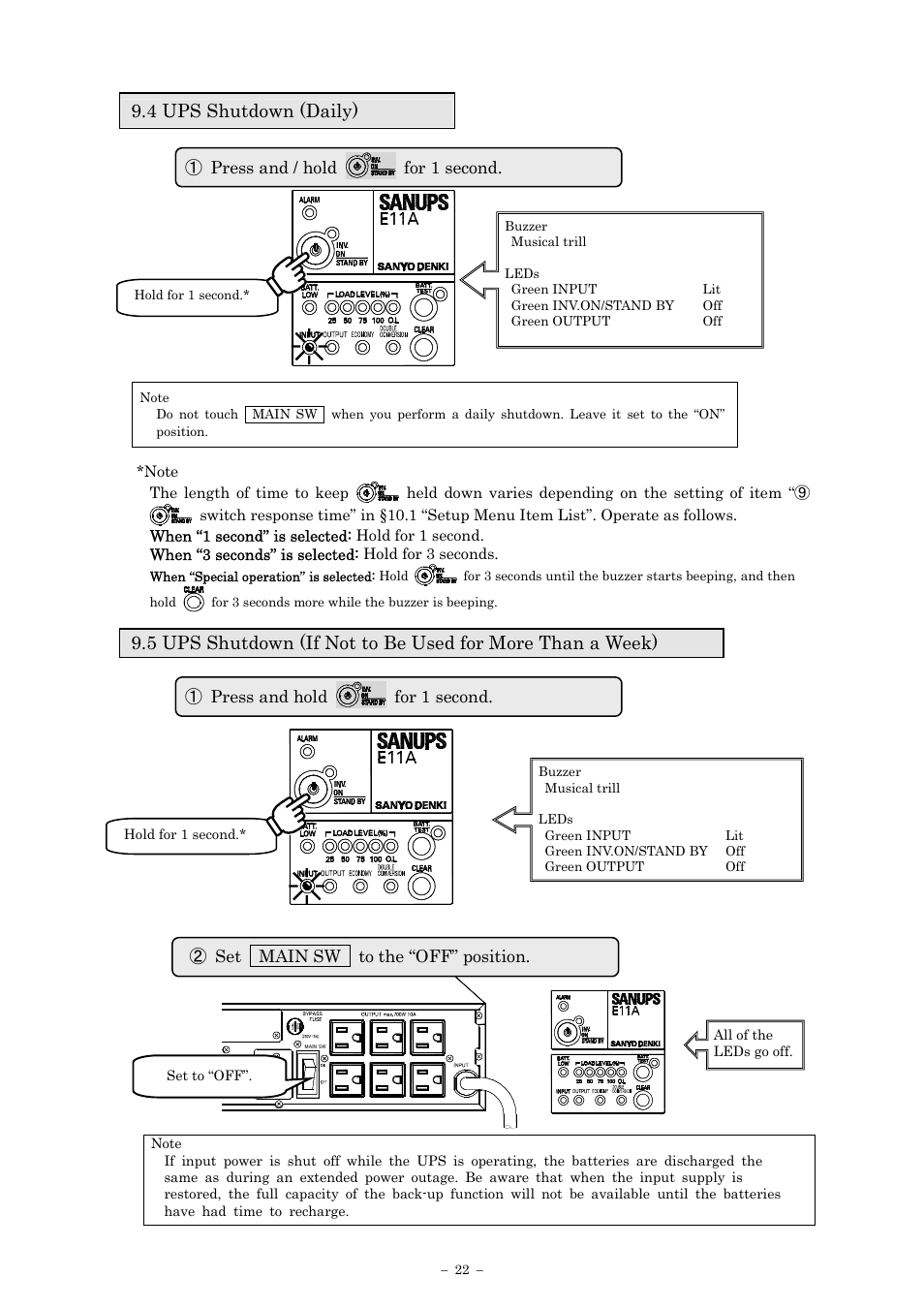 4 ups shutdown (daily), Set main sw to the “off” position, Press and / hold for 1 second | Press and hold for 1 second | Sanyo SANUPS E11A102A User Manual | Page 25 / 46