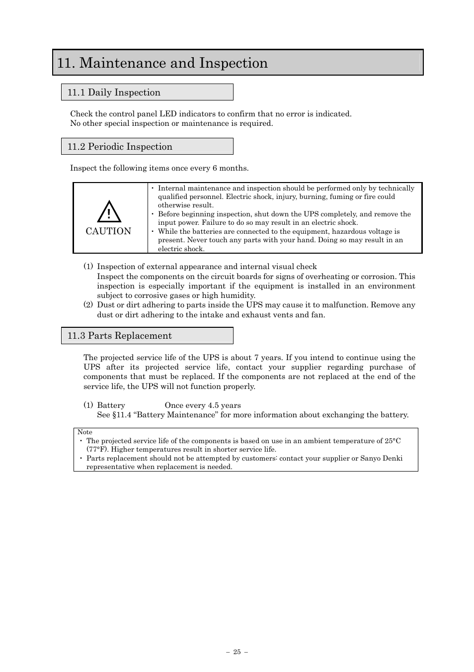 Maintenance and inspection, 1 daily inspection, 2 periodic inspection | 3 parts replacement | Sanyo SANUPS E11A102A User Manual | Page 28 / 46