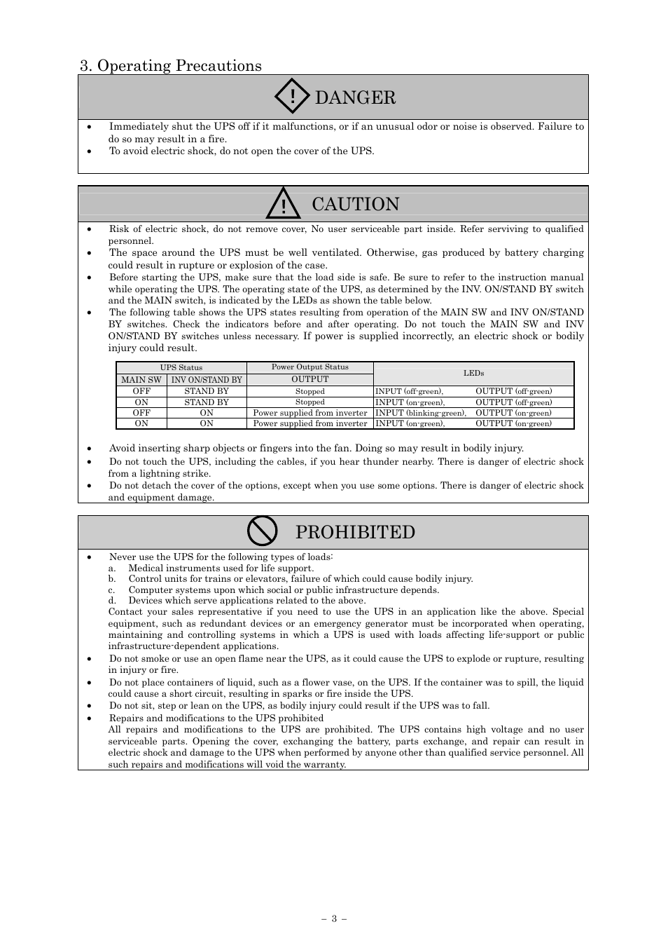 Danger, Caution, Prohibited | Operating precautions | Sanyo SANUPS E11A102A User Manual | Page 6 / 46