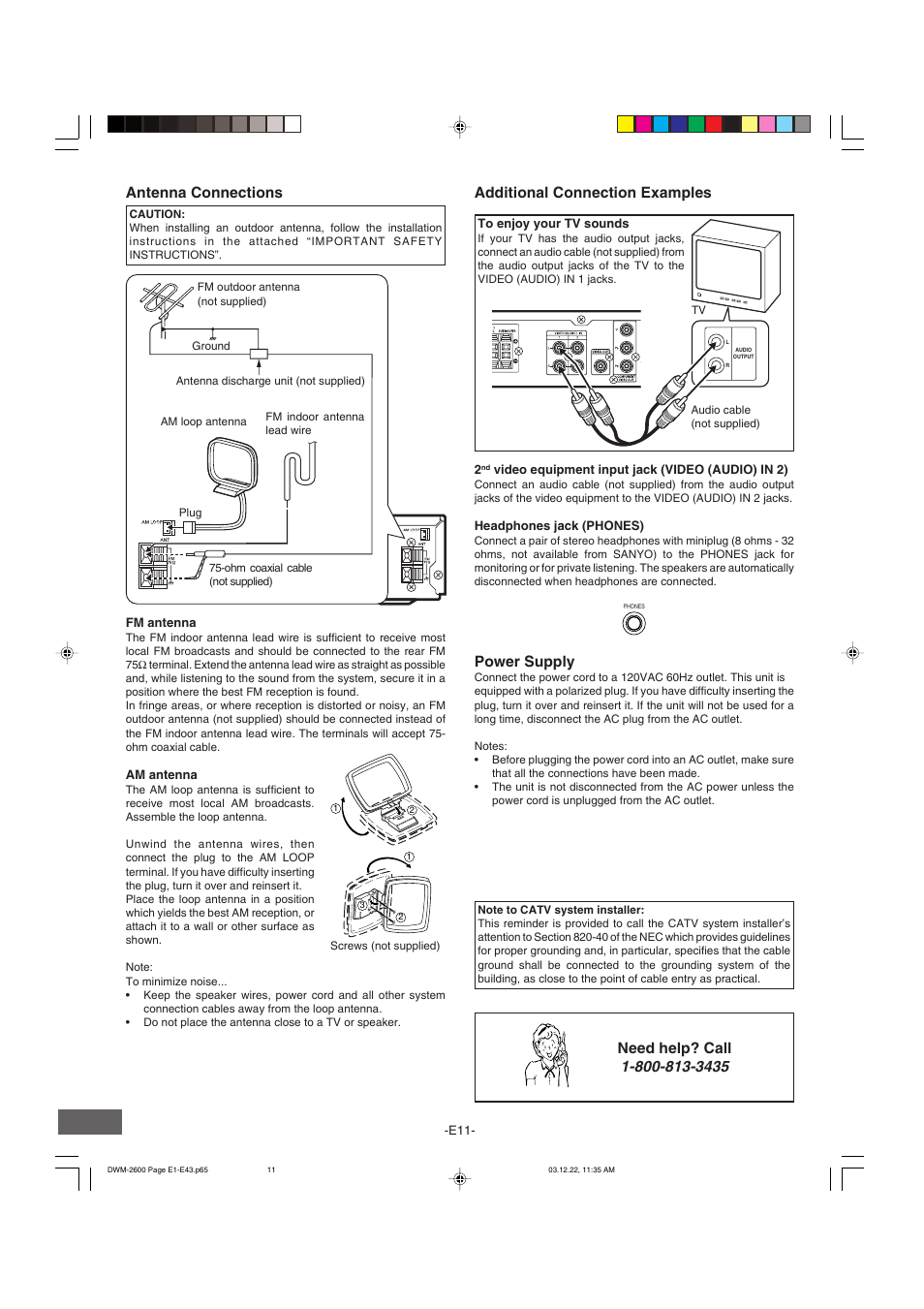 Antenna connections, Additional connection examples, Power supply | Need help? call | Sanyo DWM-2600 User Manual | Page 12 / 44