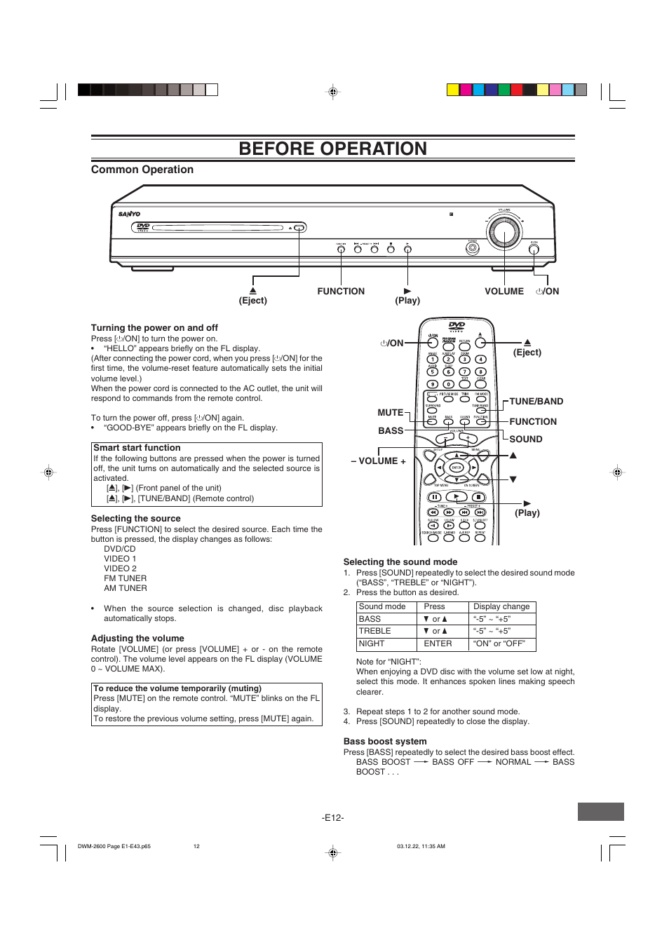 Before operation | Sanyo DWM-2600 User Manual | Page 13 / 44