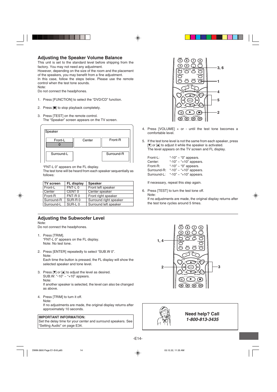 Adjusting the speaker volume balance, Adjusting the subwoofer level, Need help? call | Sanyo DWM-2600 User Manual | Page 15 / 44