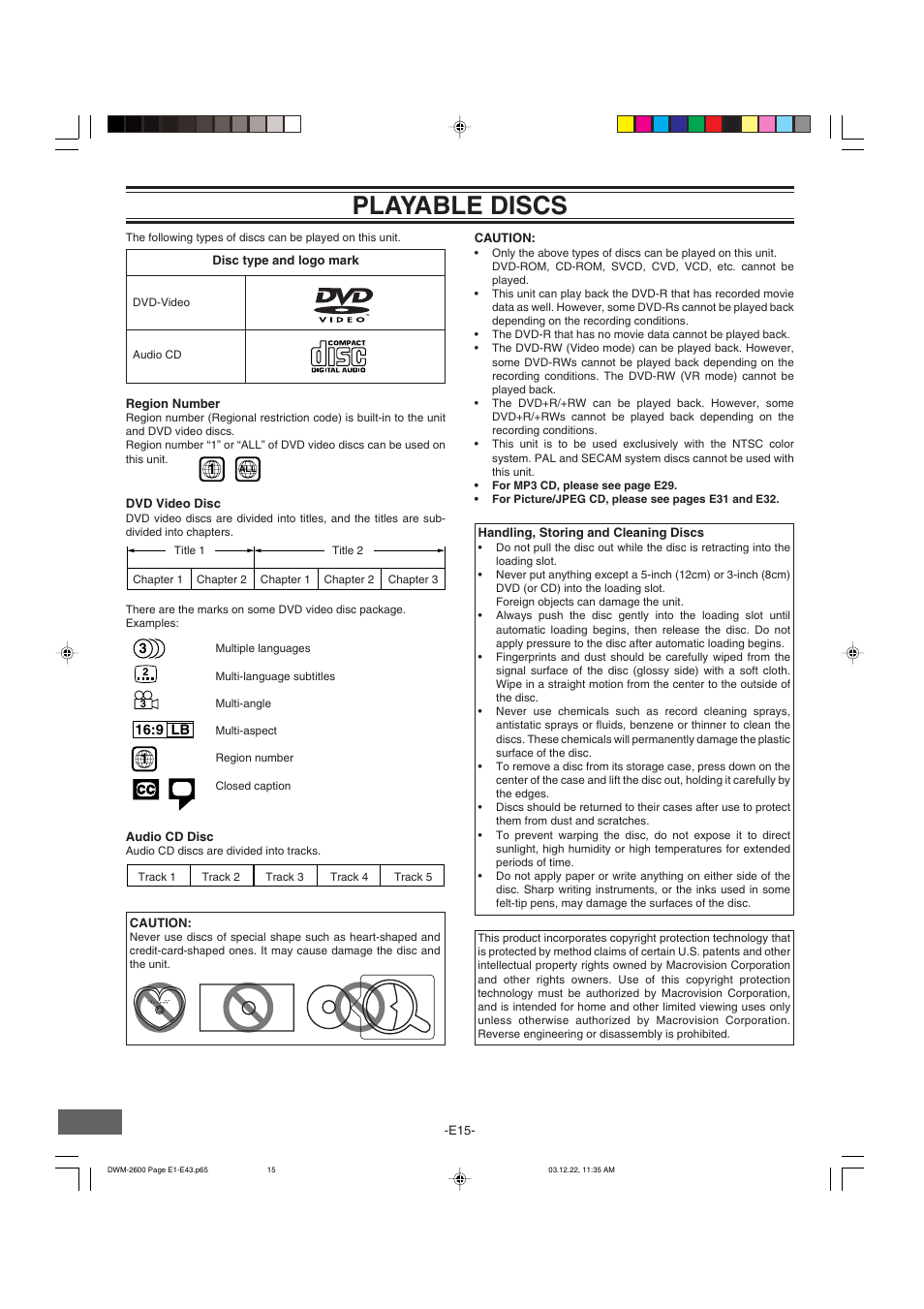 Playable discs | Sanyo DWM-2600 User Manual | Page 16 / 44