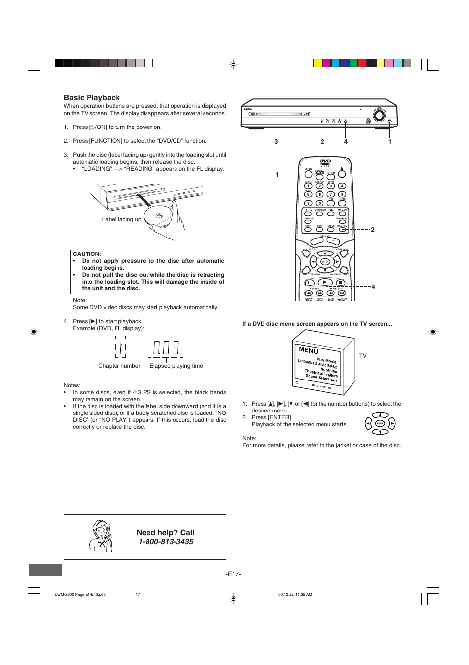 Basic playback, Need help? call | Sanyo DWM-2600 User Manual | Page 18 / 44