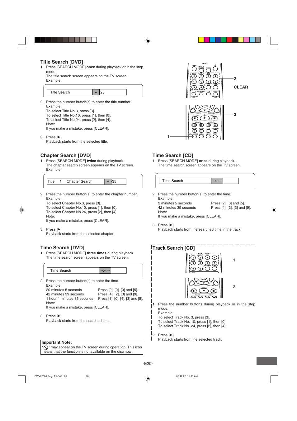 Title search [dvd, Time search [cd, Chapter search [dvd | Time search [dvd, Track search [cd | Sanyo DWM-2600 User Manual | Page 21 / 44