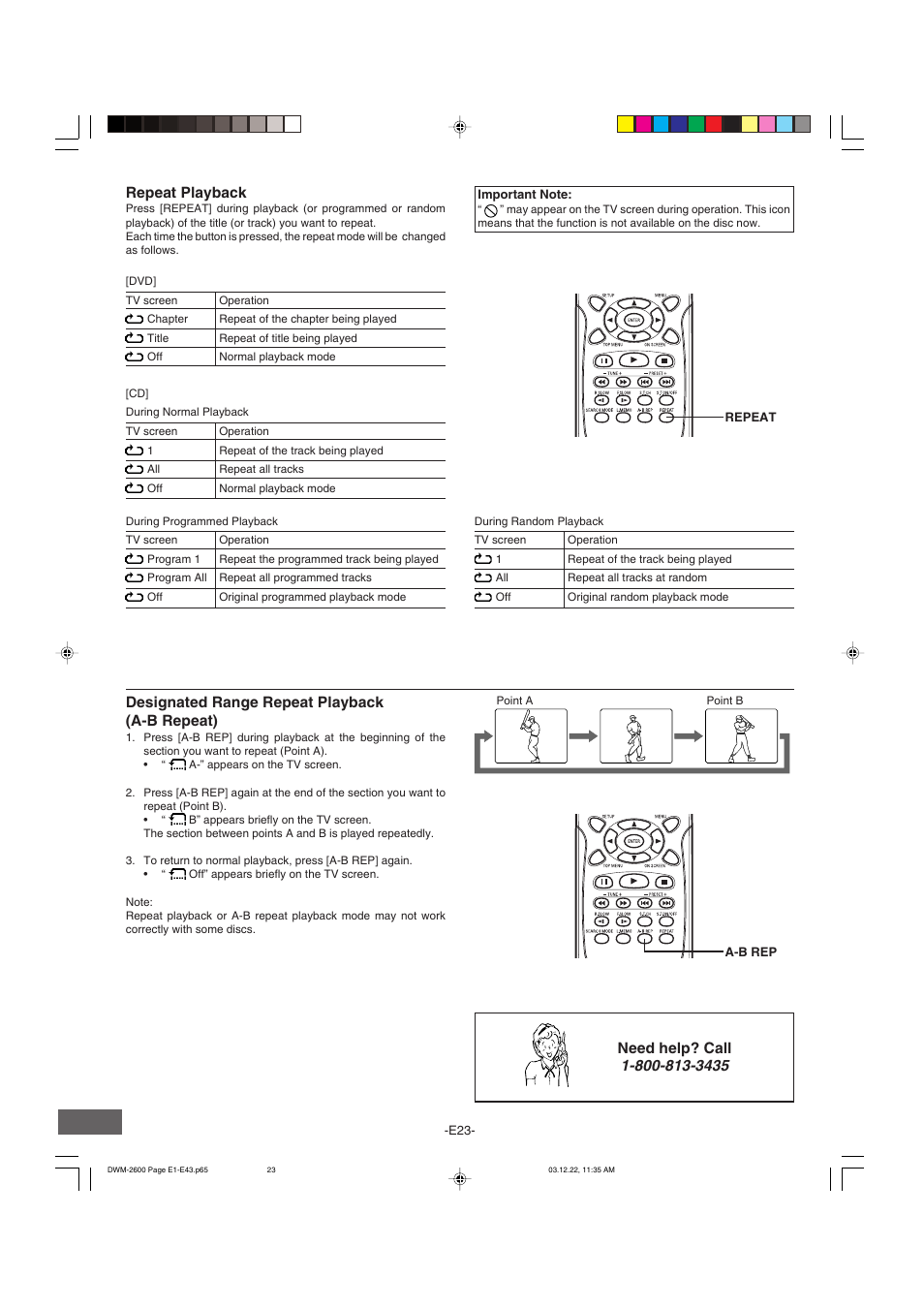 Designated range repeat playback (a-b repeat), Repeat playback, Need help? call | Sanyo DWM-2600 User Manual | Page 24 / 44