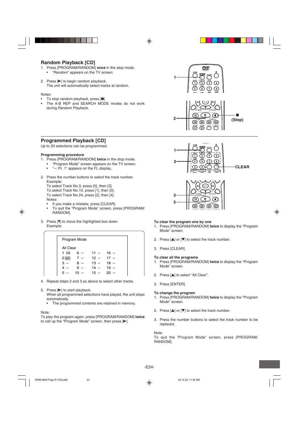 Programmed playback [cd, Random playback [cd | Sanyo DWM-2600 User Manual | Page 25 / 44
