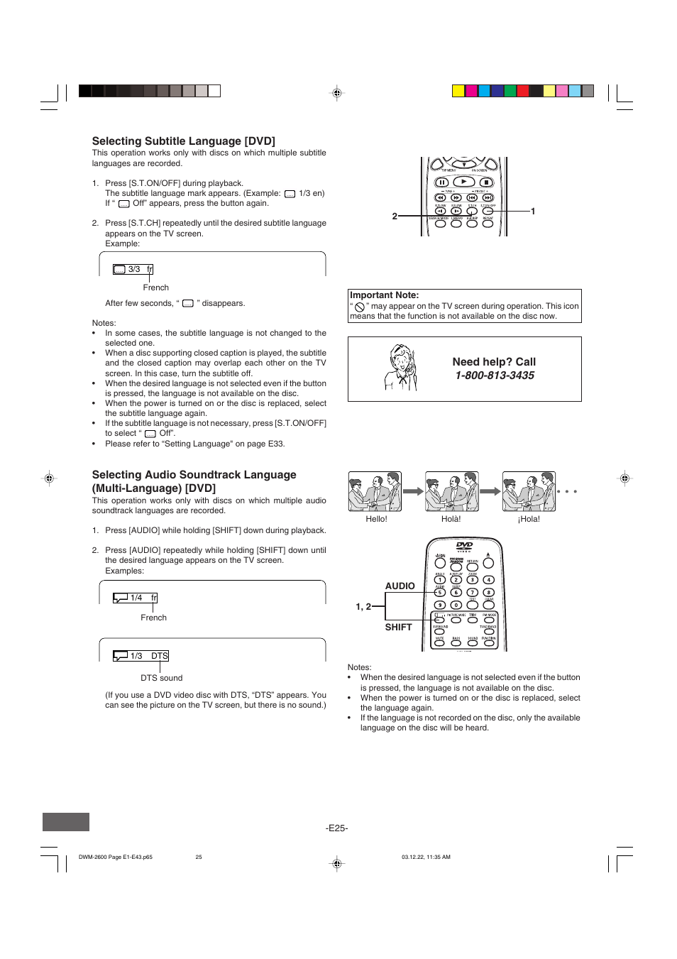 Selecting subtitle language [dvd, Need help? call | Sanyo DWM-2600 User Manual | Page 26 / 44