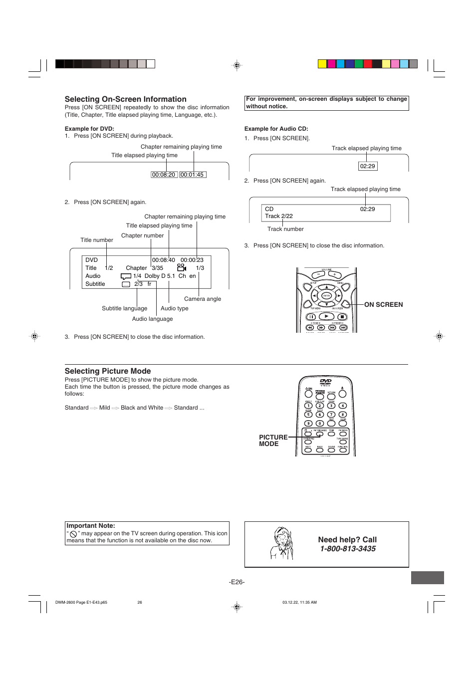 Selecting on-screen information, Selecting picture mode, Need help? call | Sanyo DWM-2600 User Manual | Page 27 / 44