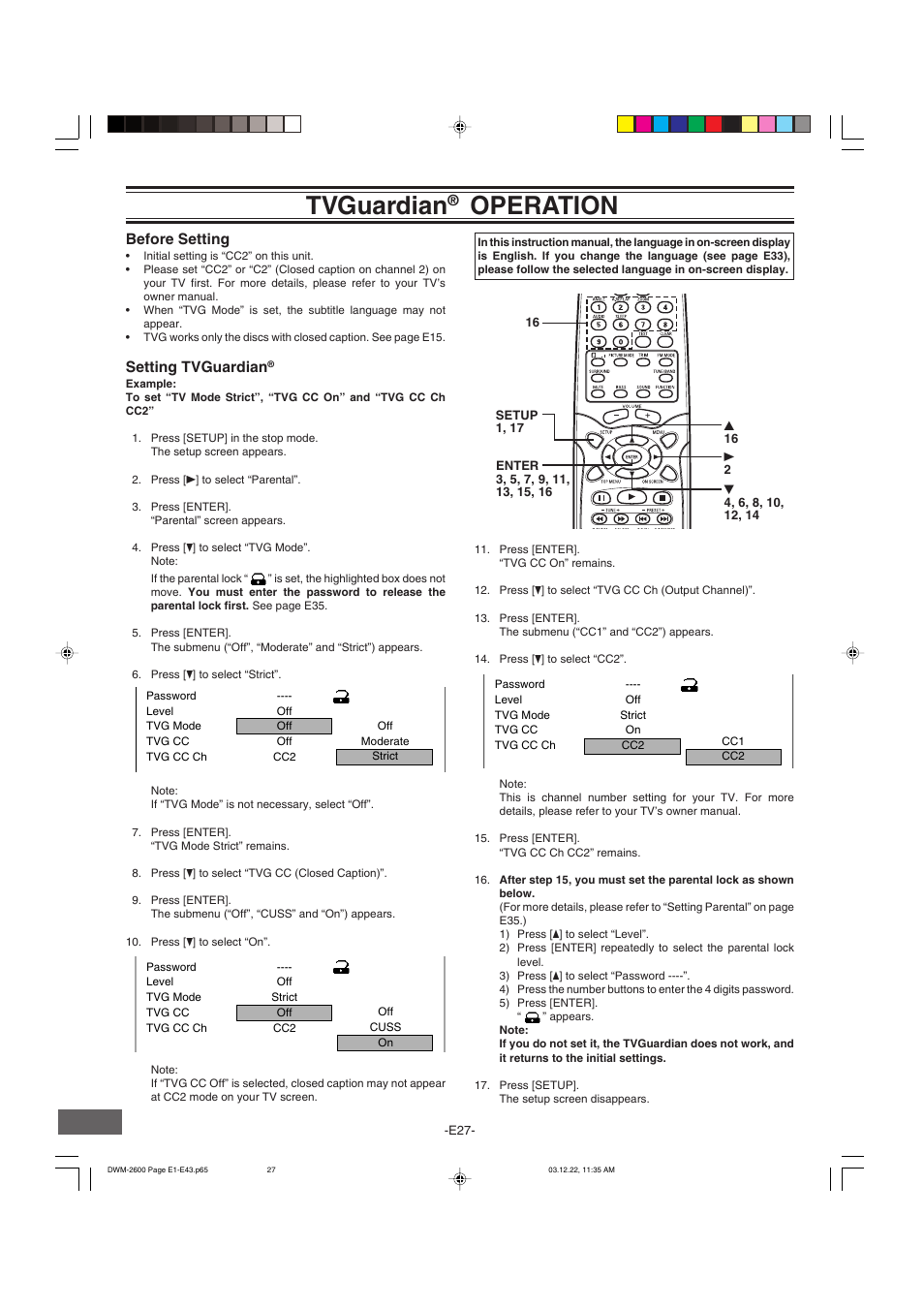Tvguardian, Operation, Before setting | Setting tvguardian | Sanyo DWM-2600 User Manual | Page 28 / 44