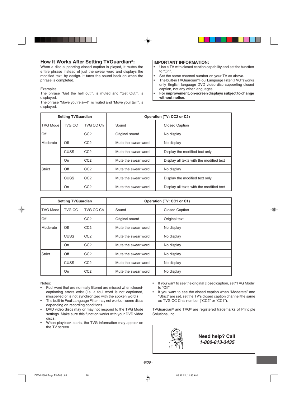 How it works after setting tvguardian, Need help? call | Sanyo DWM-2600 User Manual | Page 29 / 44