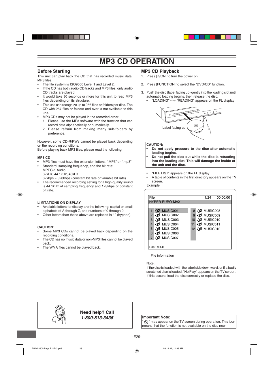 Mp3 cd operation, Before starting, Mp3 cd playback | Need help? call | Sanyo DWM-2600 User Manual | Page 30 / 44
