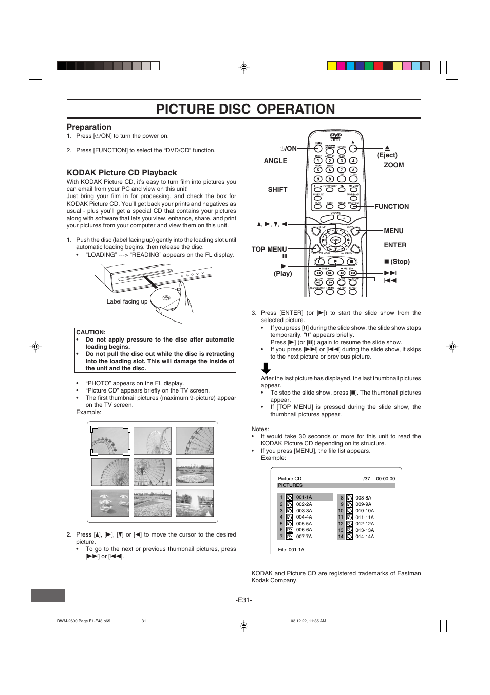 Picture disc, Operation | Sanyo DWM-2600 User Manual | Page 32 / 44