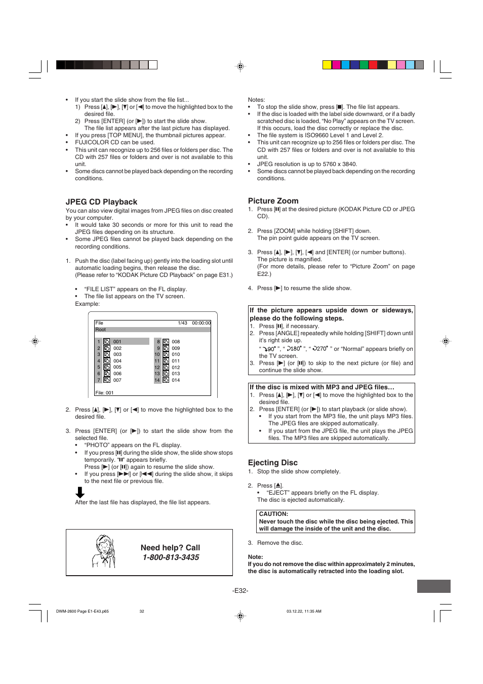 Jpeg cd playback, Ejecting disc, Picture zoom | Need help? call | Sanyo DWM-2600 User Manual | Page 33 / 44