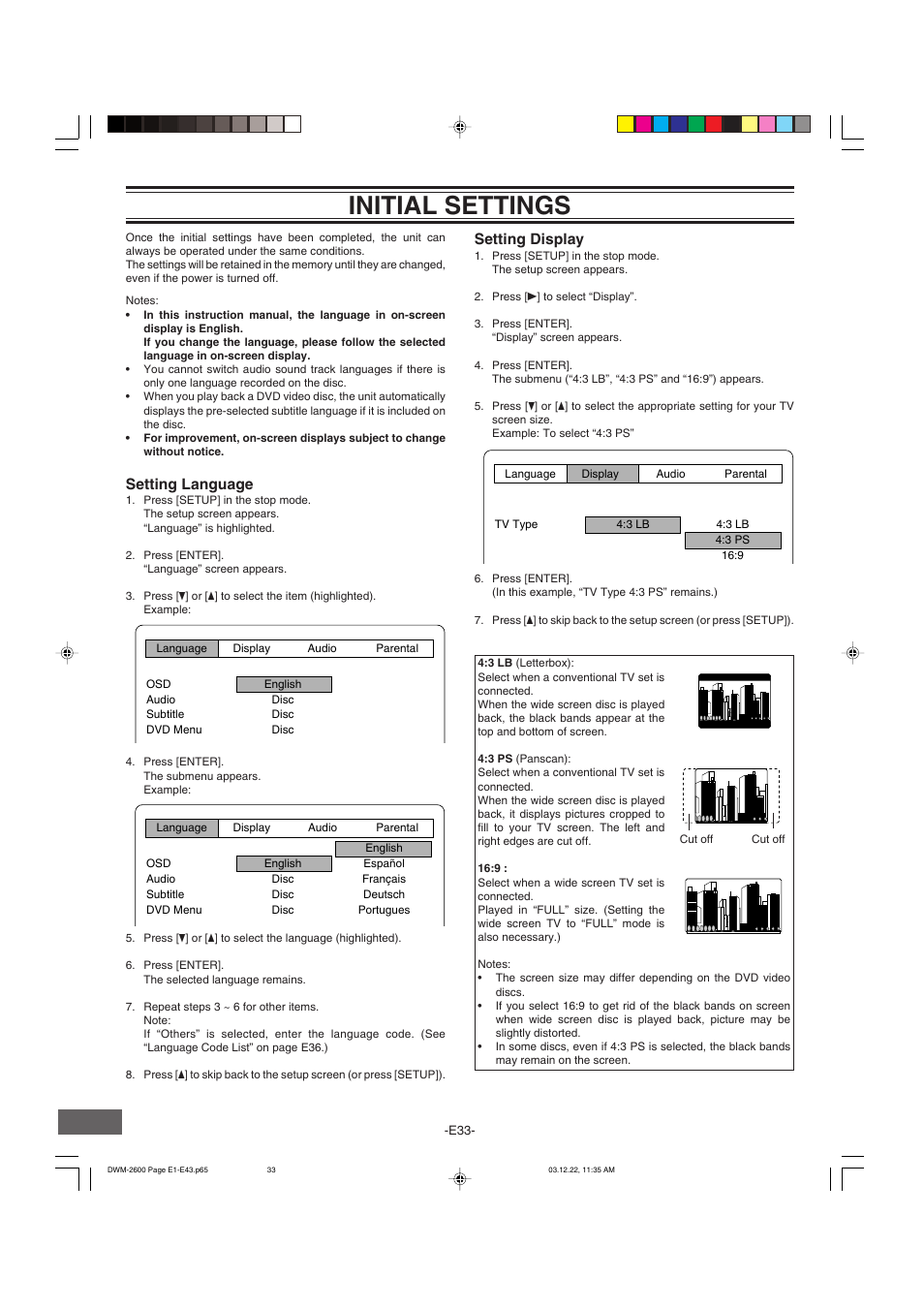 Initial settings, Setting language, Setting display | Sanyo DWM-2600 User Manual | Page 34 / 44