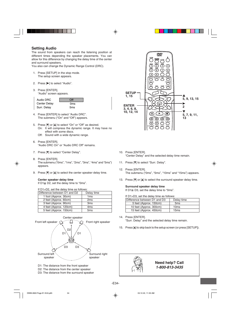 Setting audio, Need help? call | Sanyo DWM-2600 User Manual | Page 35 / 44