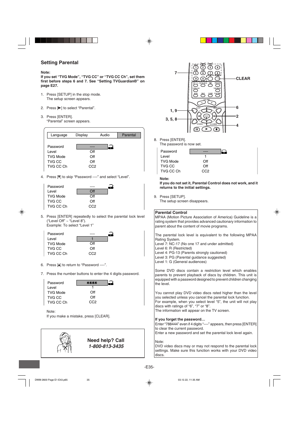 Setting parental, Need help? call | Sanyo DWM-2600 User Manual | Page 36 / 44