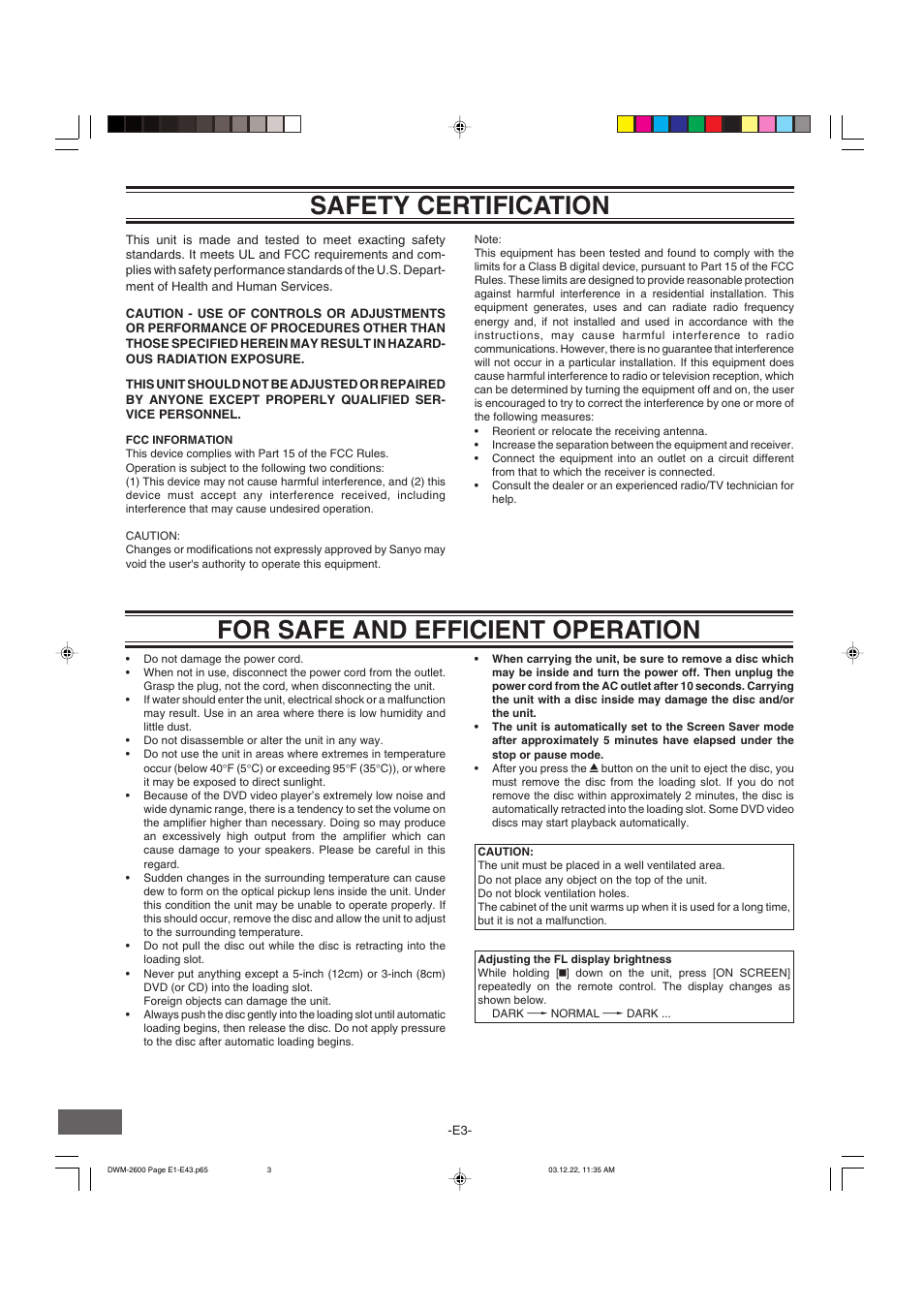 For safe and efficient operation, Safety certification | Sanyo DWM-2600 User Manual | Page 4 / 44