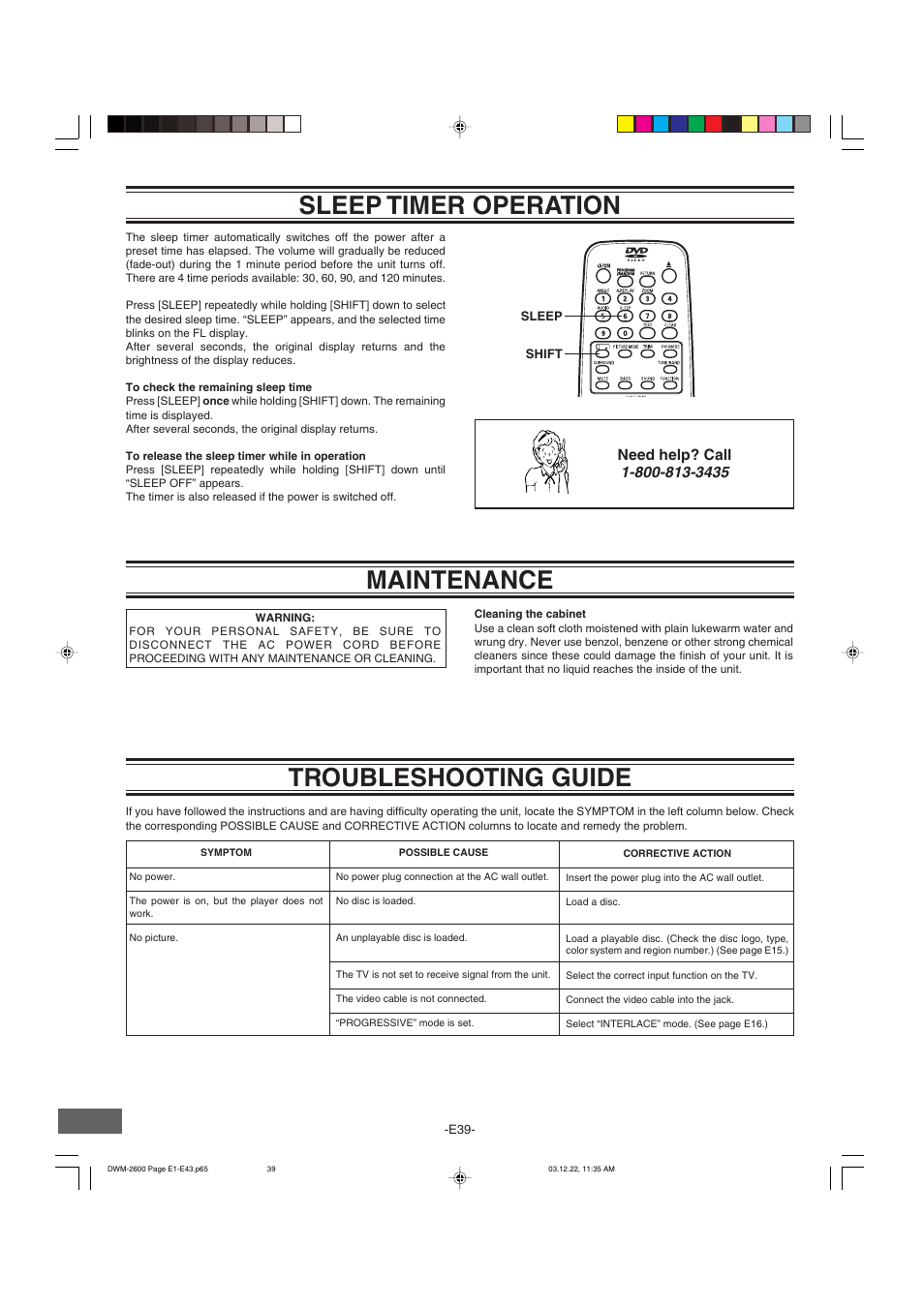 Maintenance, Sleep timer operation, Troubleshooting guide | Sanyo DWM-2600 User Manual | Page 40 / 44