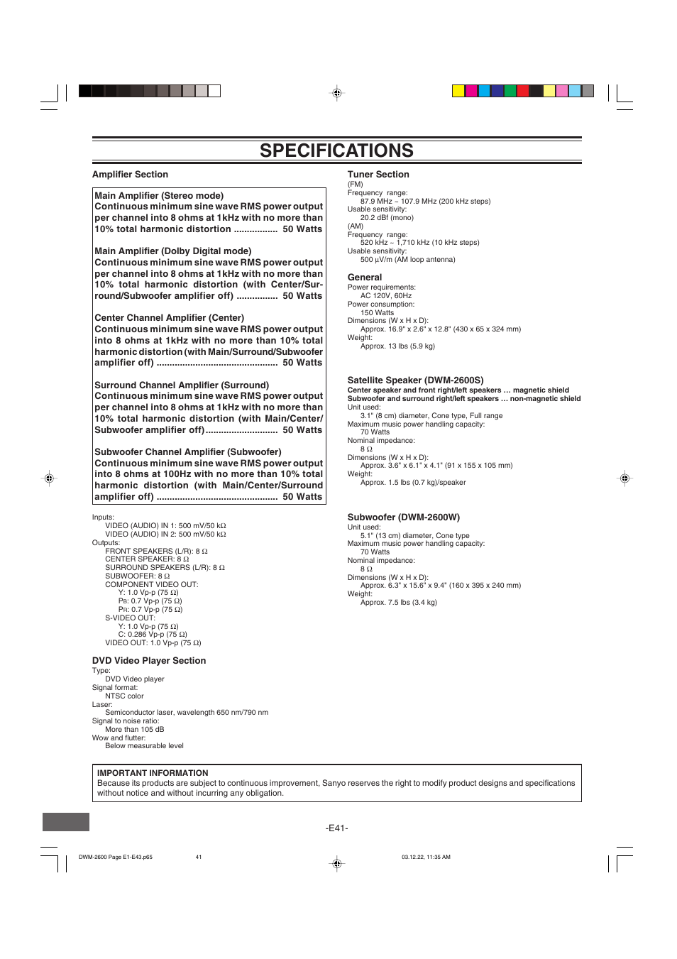 Specifications | Sanyo DWM-2600 User Manual | Page 42 / 44
