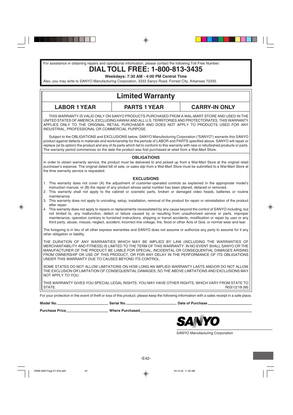 Limited warranty, Labor 1 year parts 1 year carry-in only | Sanyo DWM-2600 User Manual | Page 43 / 44
