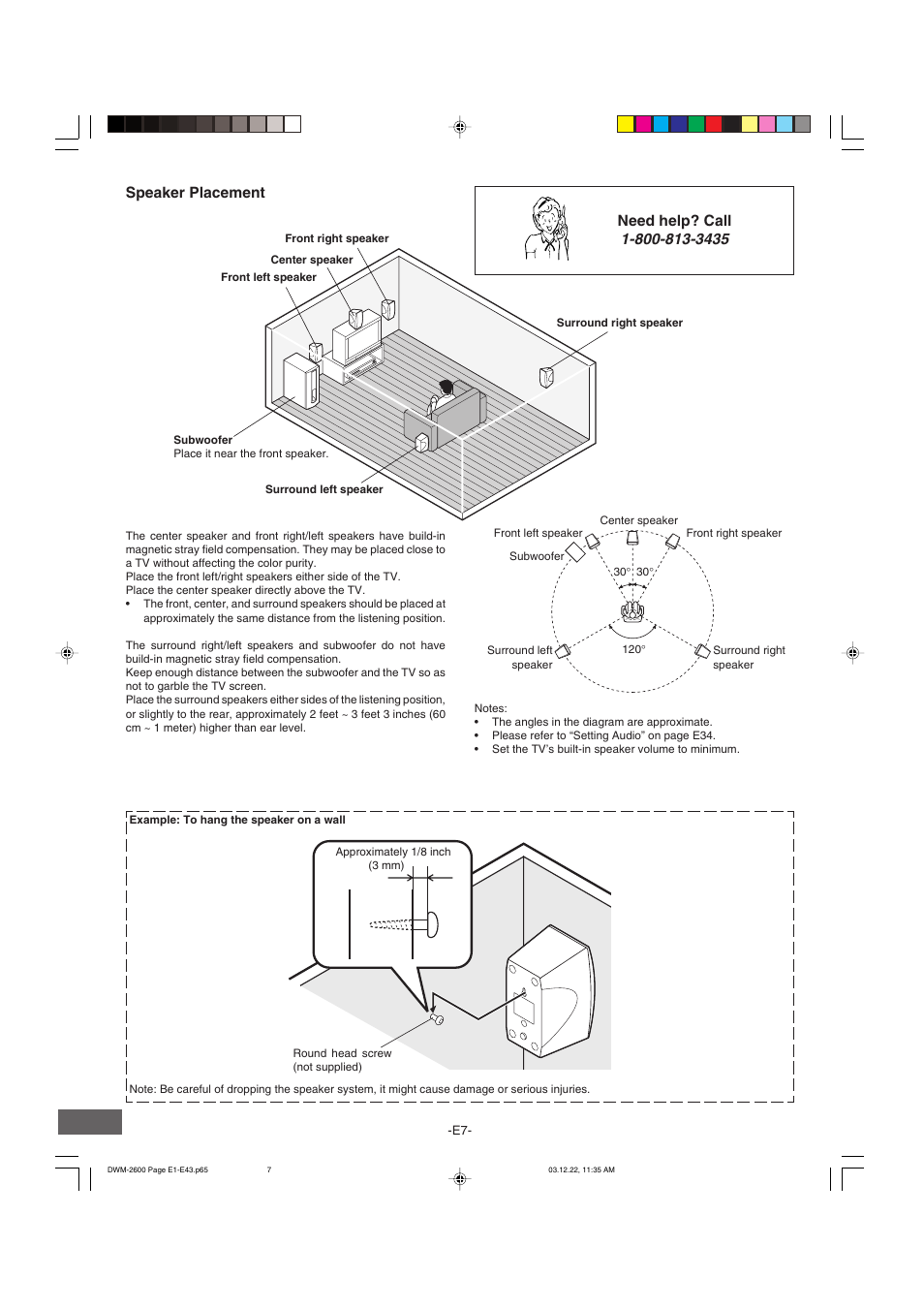 Speaker placement, Need help? call | Sanyo DWM-2600 User Manual | Page 8 / 44