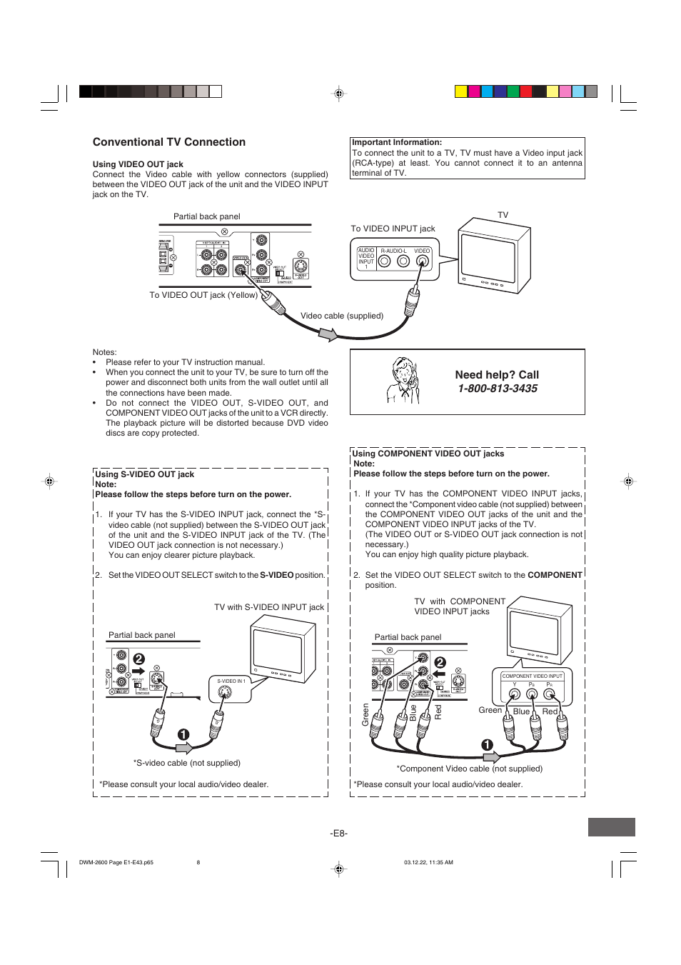 Conventional tv connection, Need help? call | Sanyo DWM-2600 User Manual | Page 9 / 44