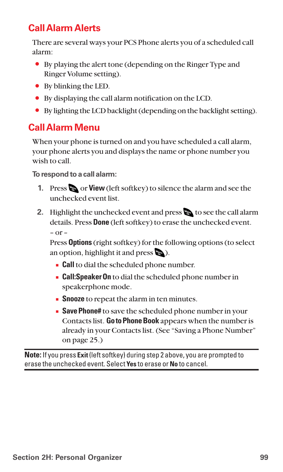 Call alarm alerts, Call alarm menu | Sanyo RL 4920 User Manual | Page 111 / 258