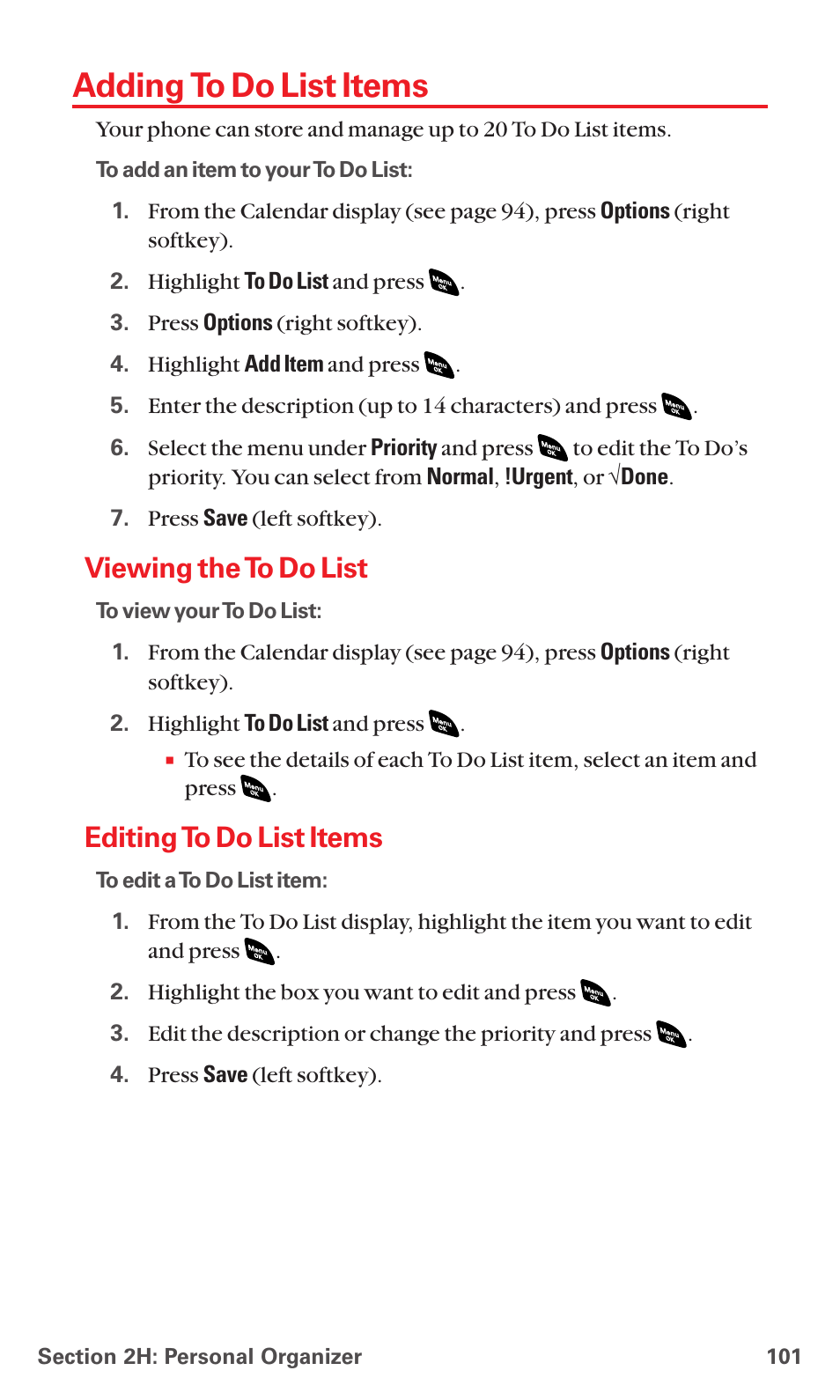 Adding to do list items, Viewing the to do list, Editing to do list items | Sanyo RL 4920 User Manual | Page 113 / 258