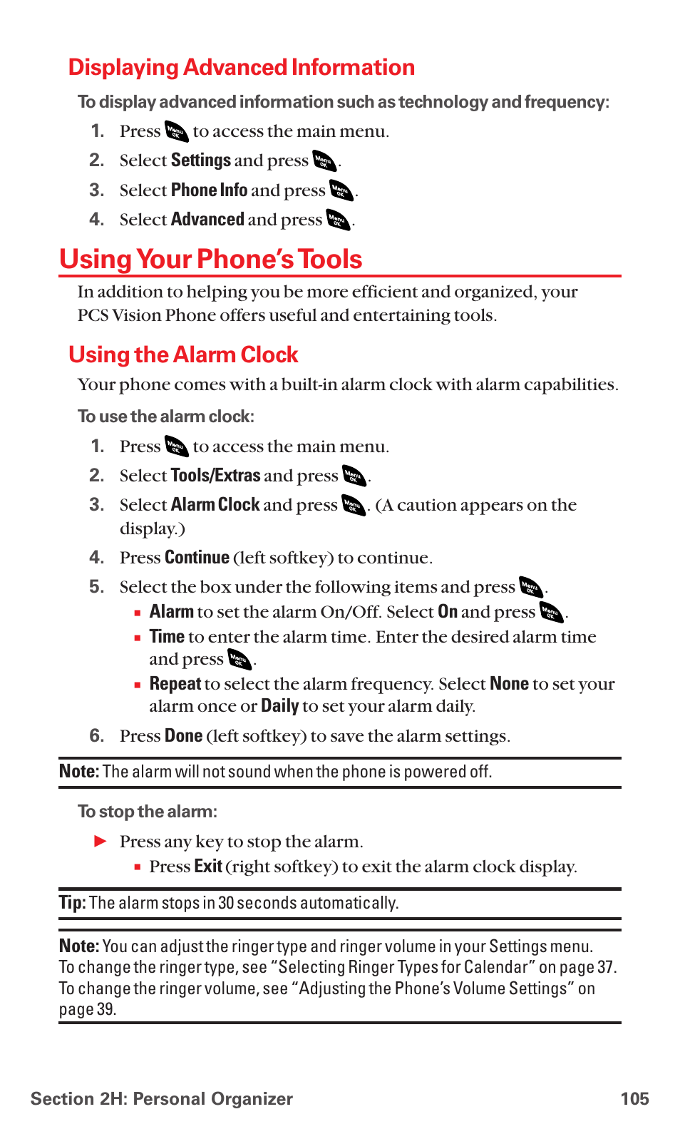 Displaying advanced information, Using your phone’s tools, Using the alarm clock | Sanyo RL 4920 User Manual | Page 117 / 258