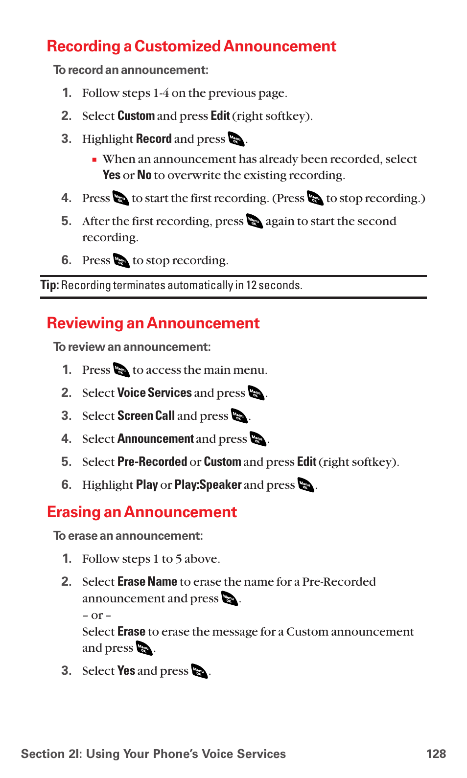 Recording a customized announcement, Reviewing an announcement, Erasing an announcement | Sanyo RL 4920 User Manual | Page 140 / 258