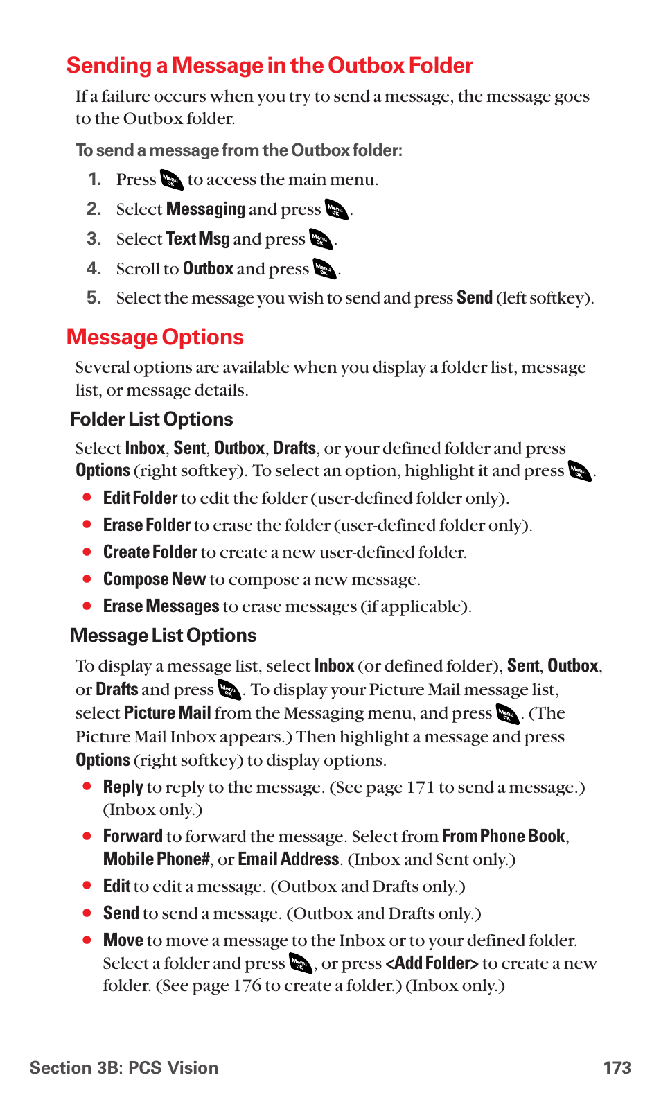 Sending a message in the outbox folder, Message options | Sanyo RL 4920 User Manual | Page 185 / 258