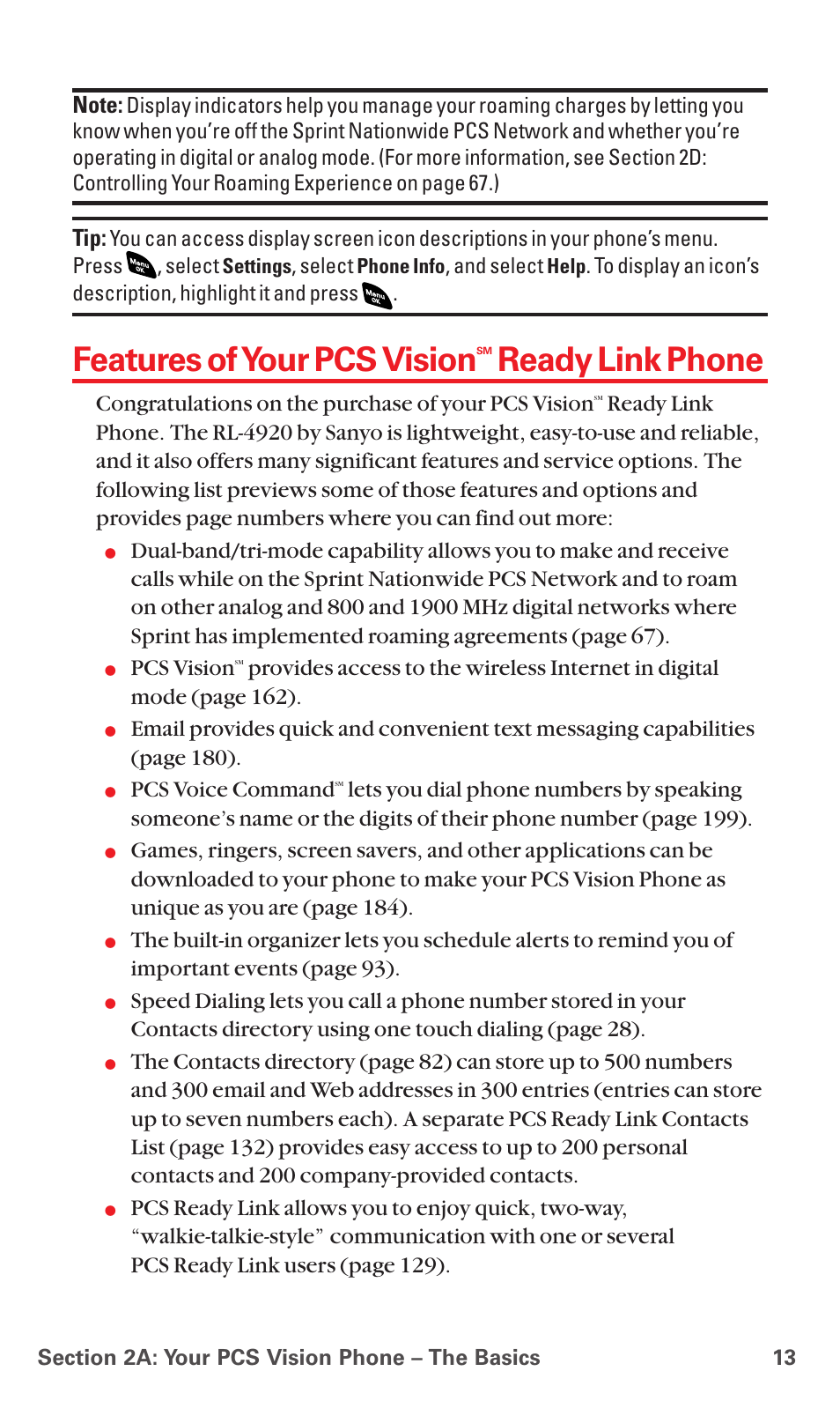 Features of your pcs vision, Ready link phone, Pcs vision | Pcs voice command | Sanyo RL 4920 User Manual | Page 25 / 258