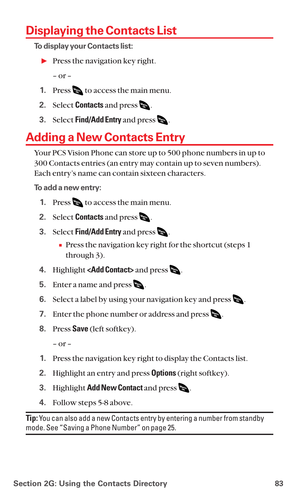 Displaying the contacts list, Adding a new contacts entry | Sanyo RL 4920 User Manual | Page 95 / 258