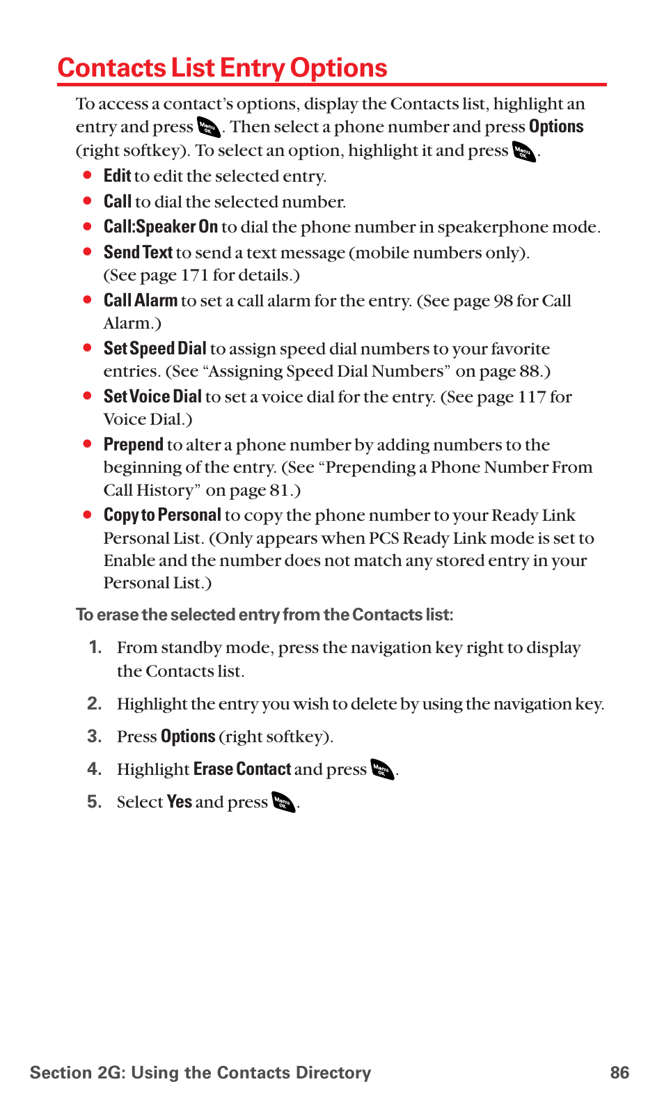 Contacts list entry options | Sanyo RL 4920 User Manual | Page 98 / 258