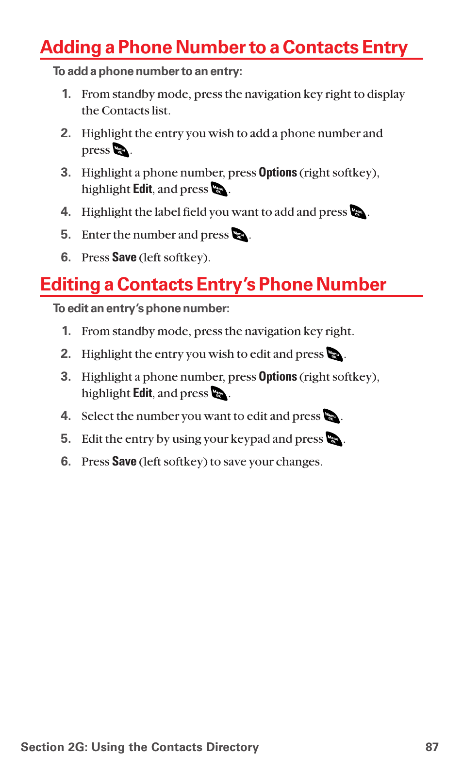 Adding a phone number to a contacts entry, Editing a contacts entry’s phone number | Sanyo RL 4920 User Manual | Page 99 / 258