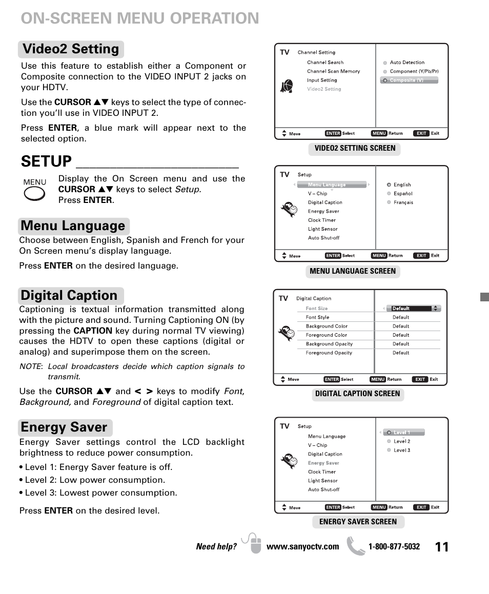 On-screen menu operation, Setup, Menu language | Digital caption, Energy saver, Video2 setting | Sanyo DP26640 User Manual | Page 11 / 20