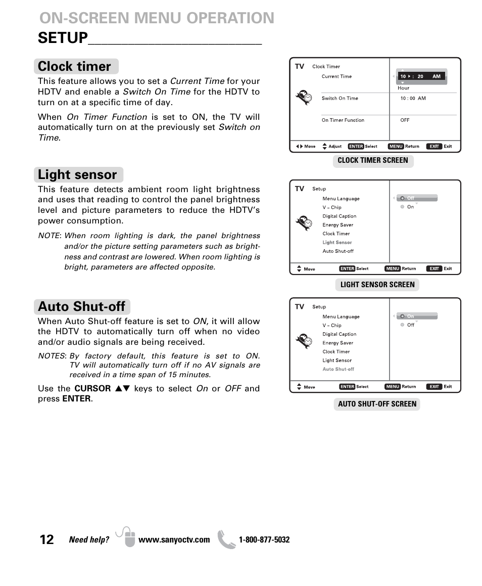 On-screen menu operation setup, Clock timer, Light sensor | Auto shut-off | Sanyo DP26640 User Manual | Page 12 / 20