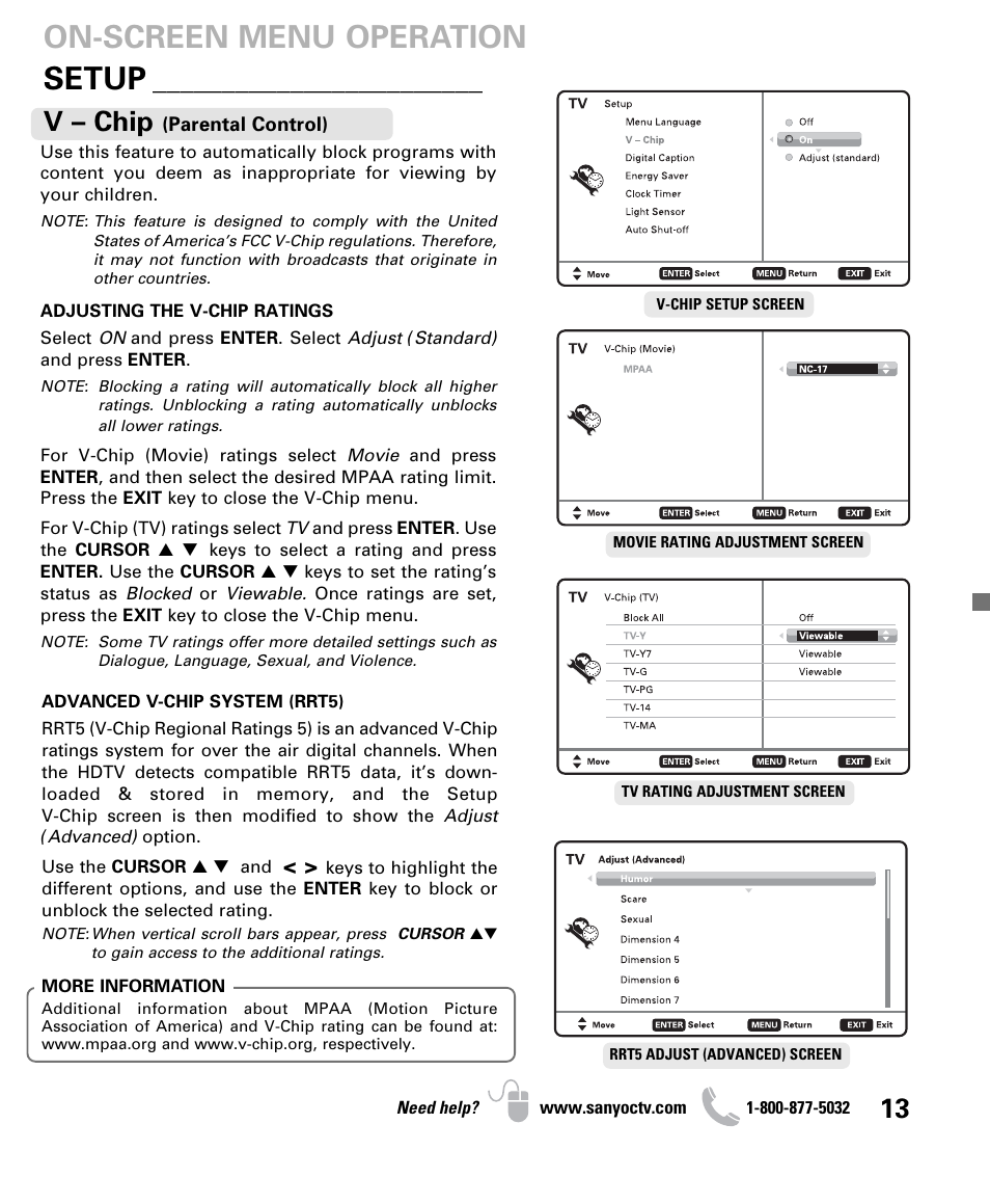 Setup, On-screen menu operation, V – chip | Sanyo DP26640 User Manual | Page 13 / 20