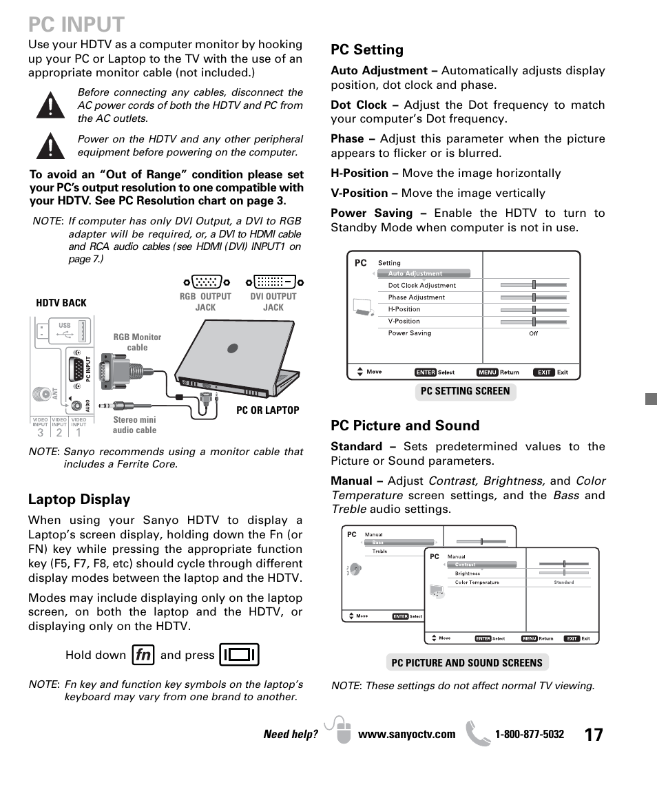 Pc input, Pc setting, Pc picture and sound | Laptop display | Sanyo DP26640 User Manual | Page 17 / 20