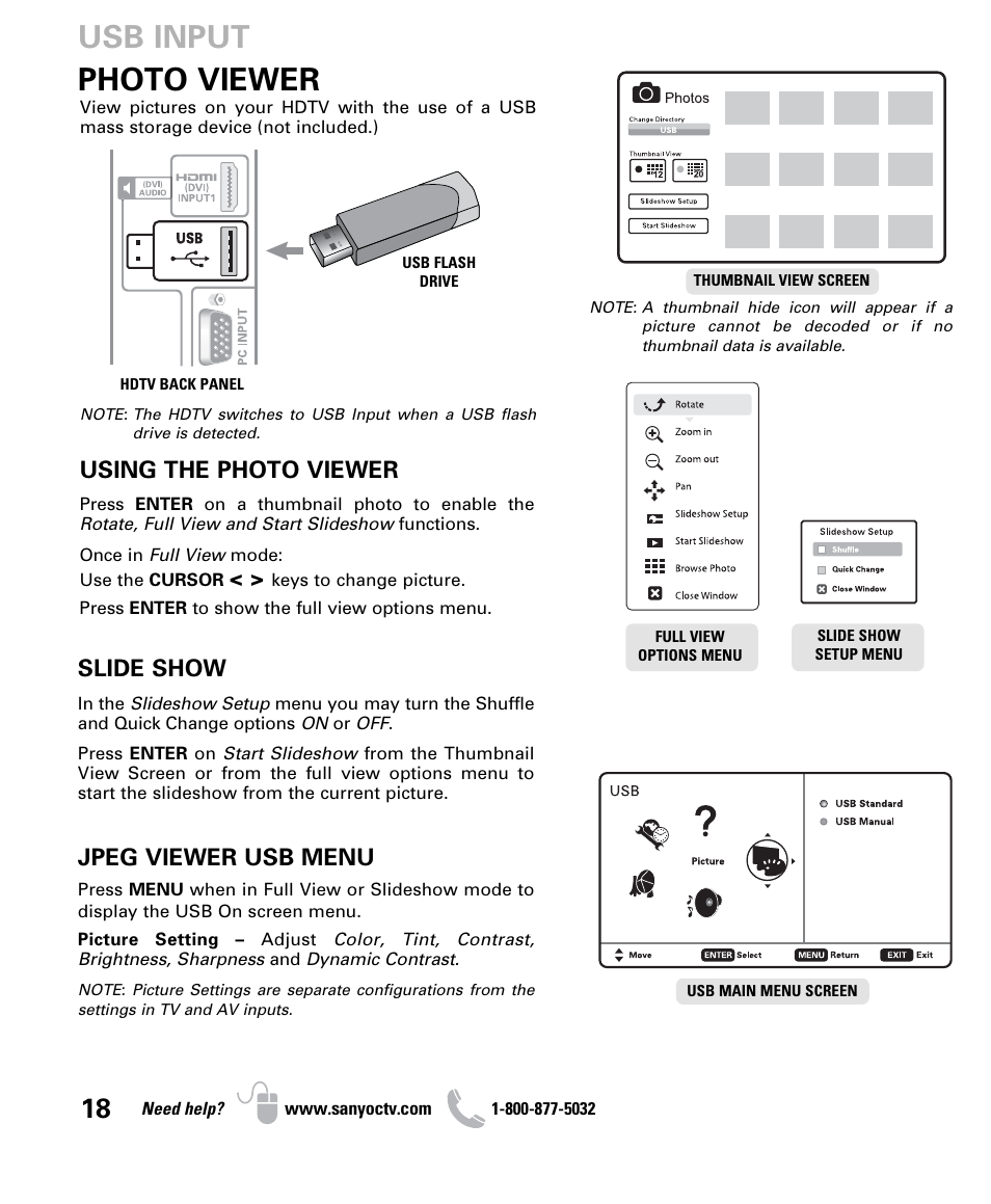 Photo viewer, Usb input, Using the photo viewer | Slide show, Jpeg viewer usb menu | Sanyo DP26640 User Manual | Page 18 / 20