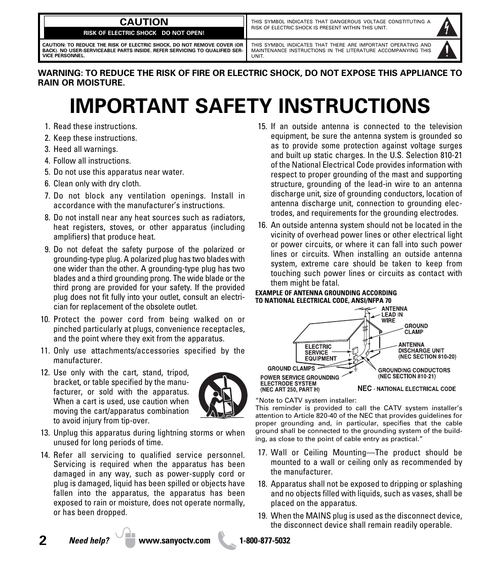 Important safety instructions | Sanyo DP26640 User Manual | Page 2 / 20